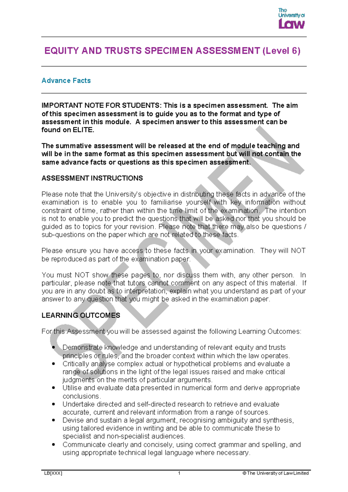 EQUITY AND TRUSTS (Level 6) Specimen Assessment Guide - Studocu