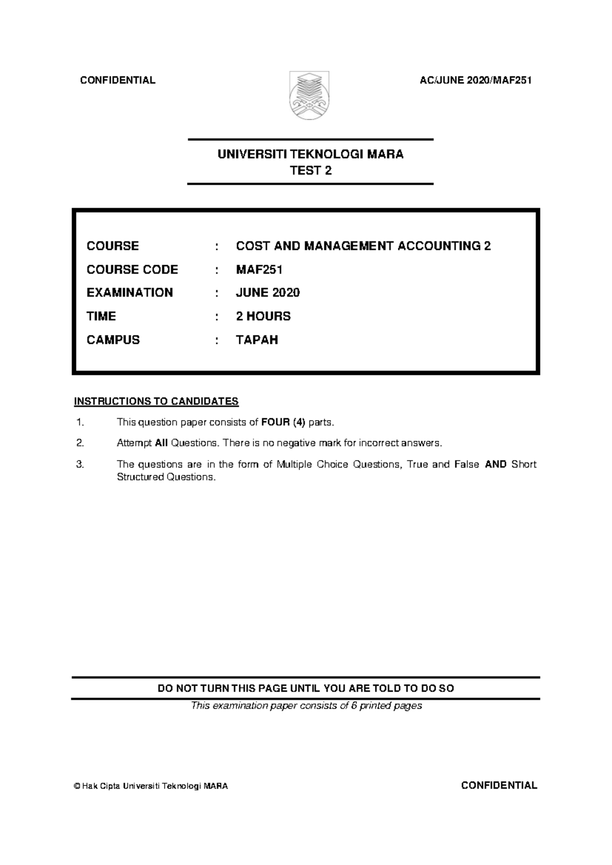 MAF251 Test 2 June 2020: Cost and Management Accounting Exam Paper ...