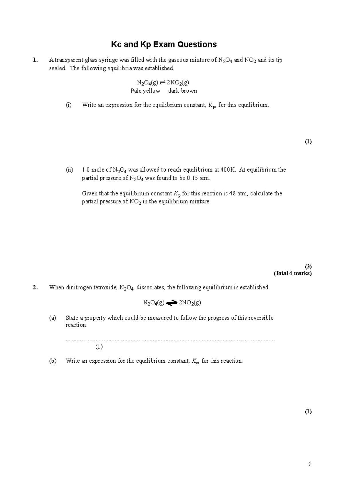Kc and Kp Exam Questions - Practice for Chemistry Students - Studocu