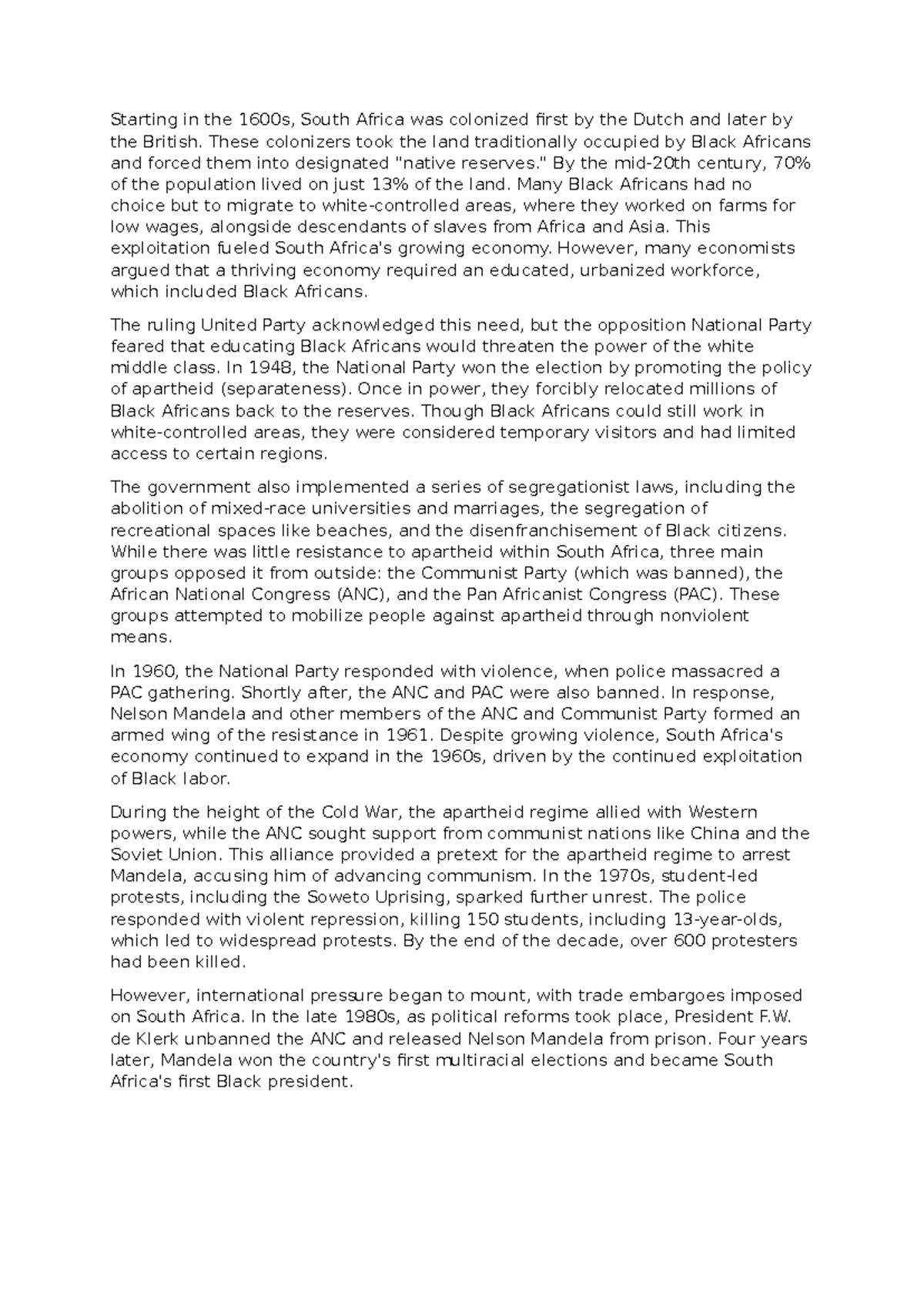 SA - Notities on the History of Apartheid in South Africa - Studocu