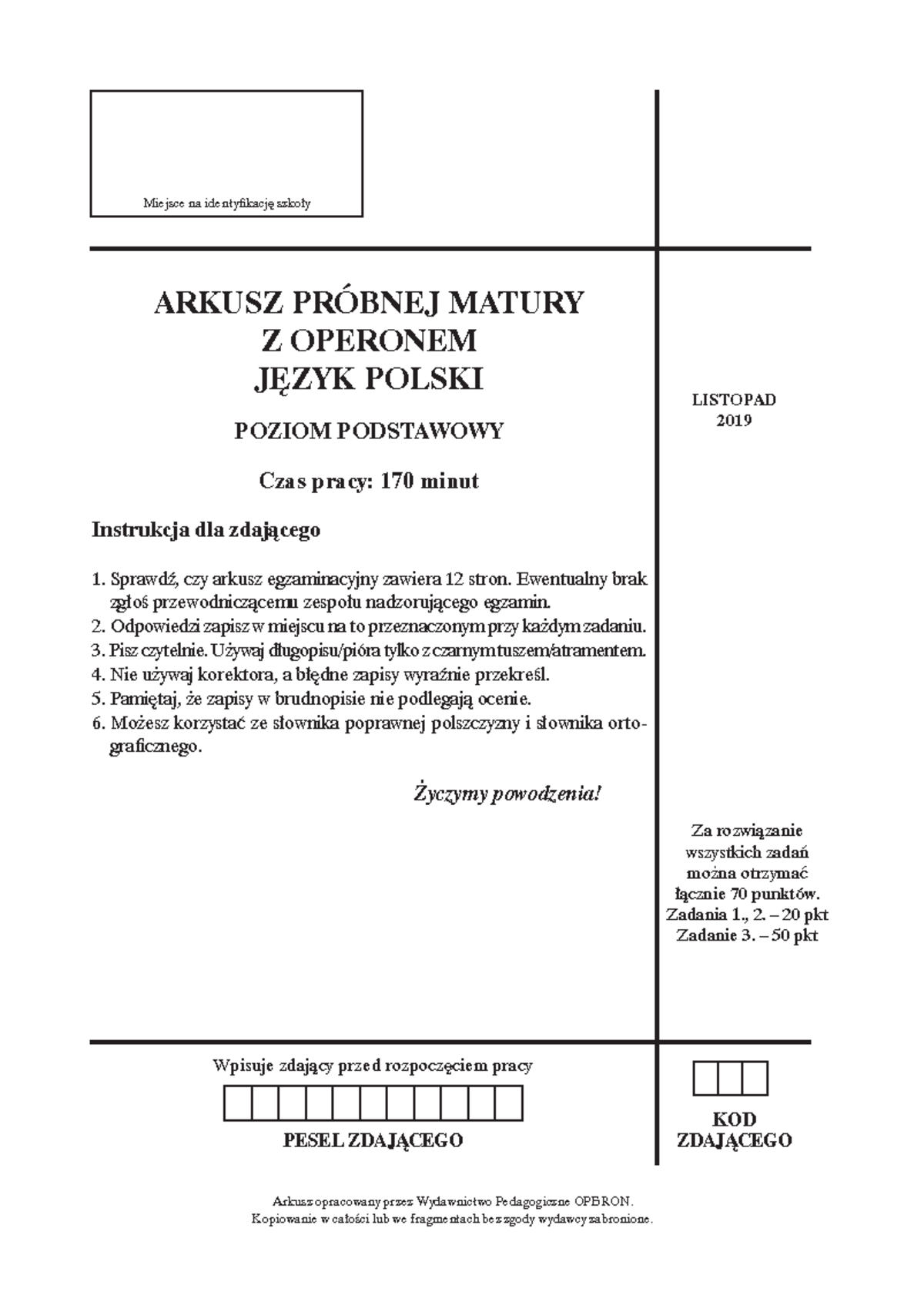 Próbna Matura z Języka Polskiego PP 2019 - Arkusz Operon - Studocu