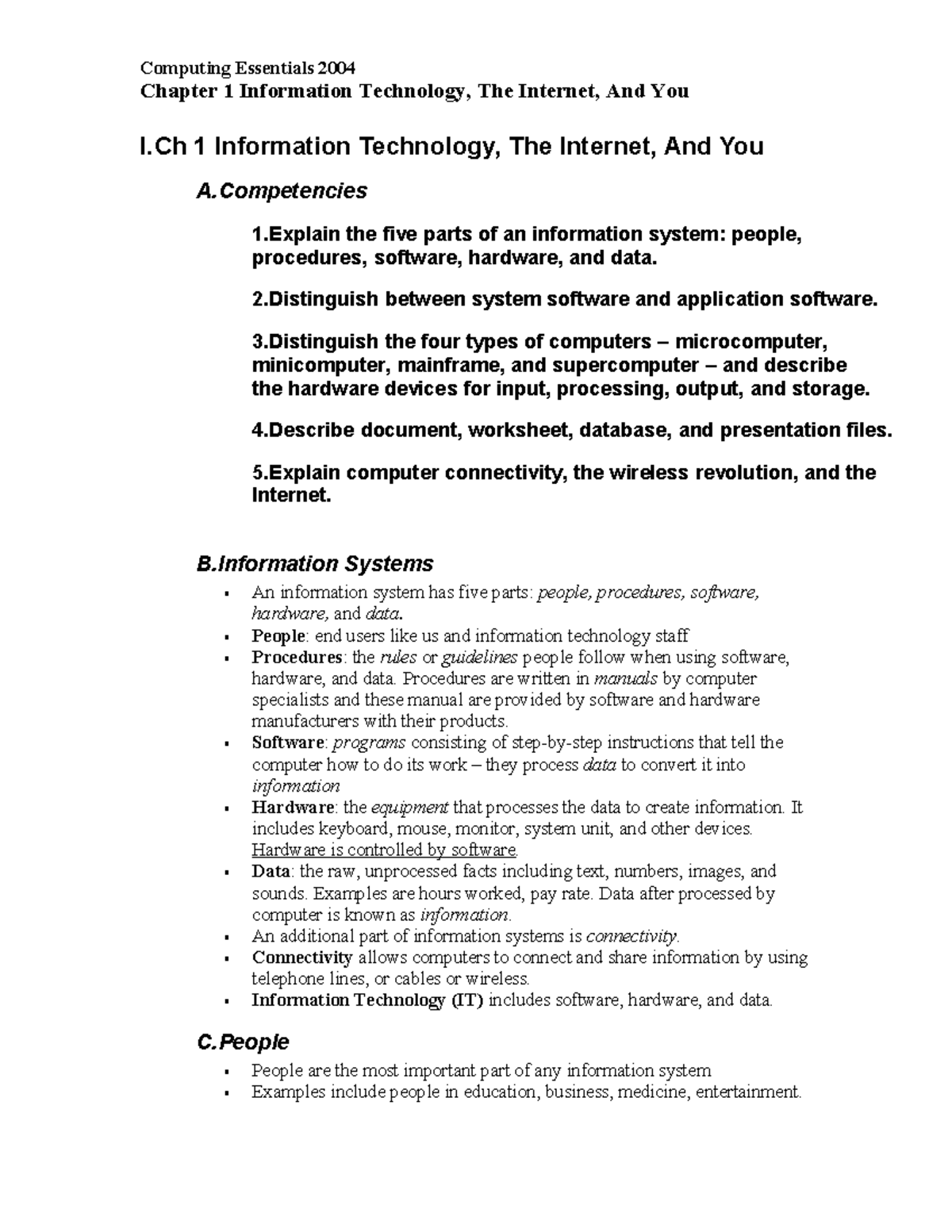 Info 1 1 IT - Chapter 1 Notes on Information Technology & The Internet ...