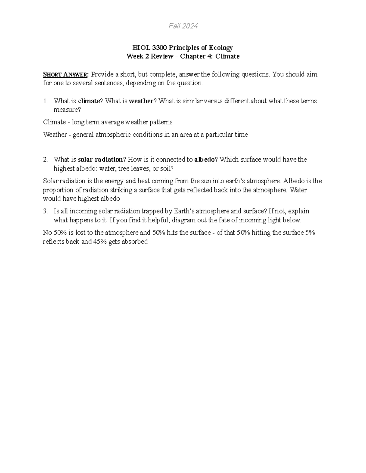 Fall 2024 BIOL 3300 Principles of Ecology Week 2 Review: Climate ...
