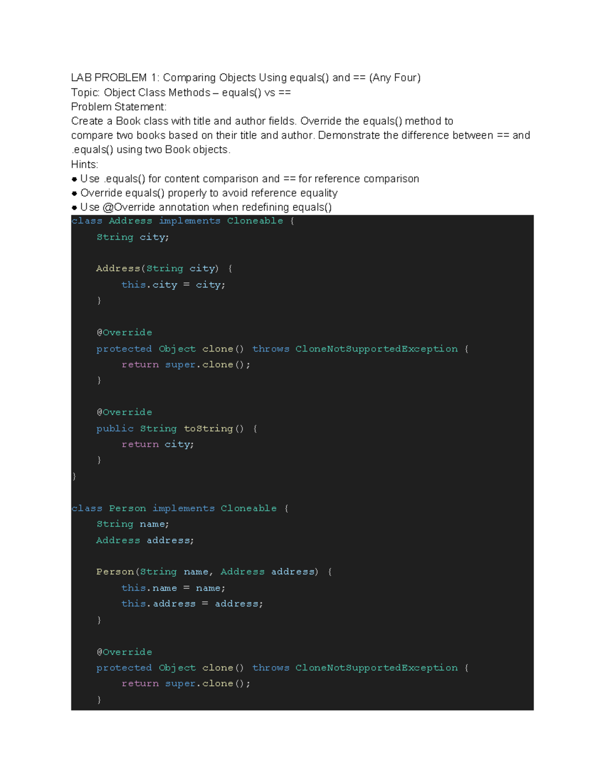 LAB PROBLEM SET: Object Class Methods in Java (Week9A 279) - Studocu