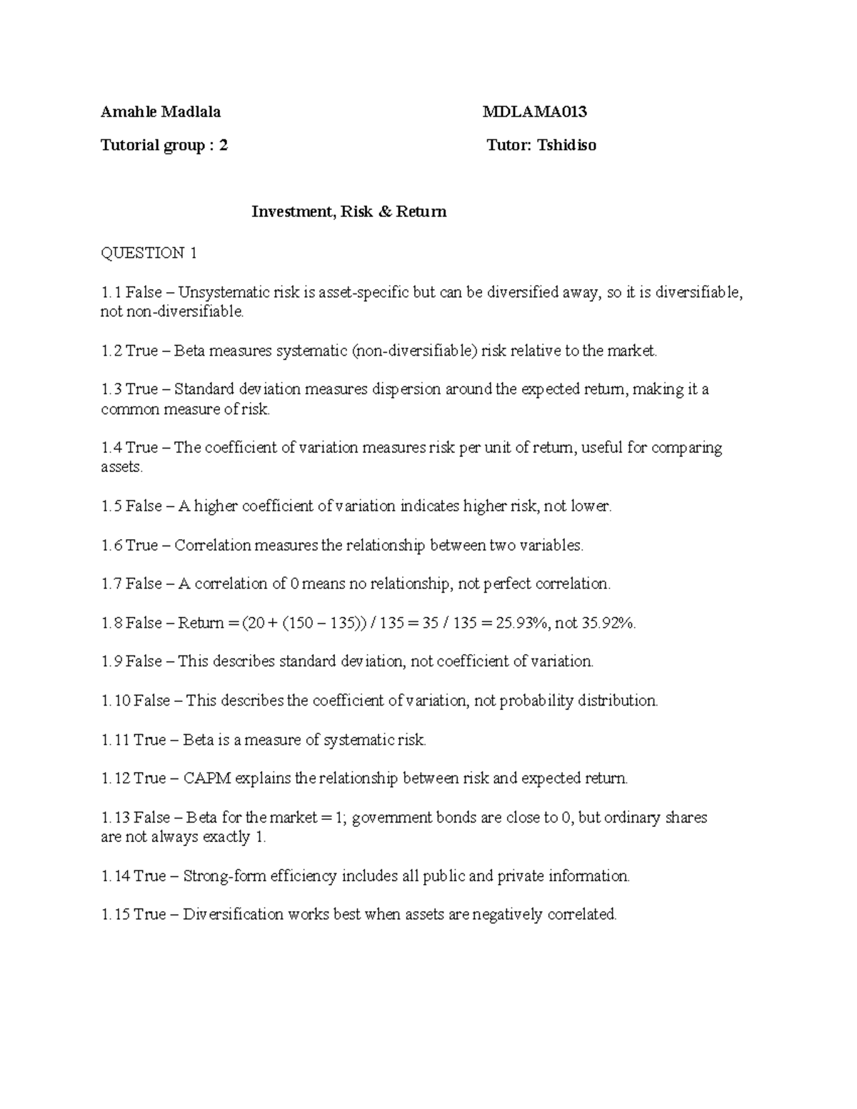 Investment Risk and Return Tutorial MDLAMA013 - Group 2 - Studocu