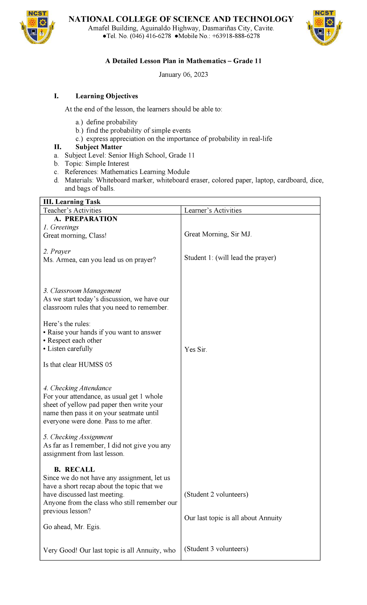 Probability Detailed Lesson Plan (DLP) - Grade 11 HUMSS 05 - Studocu