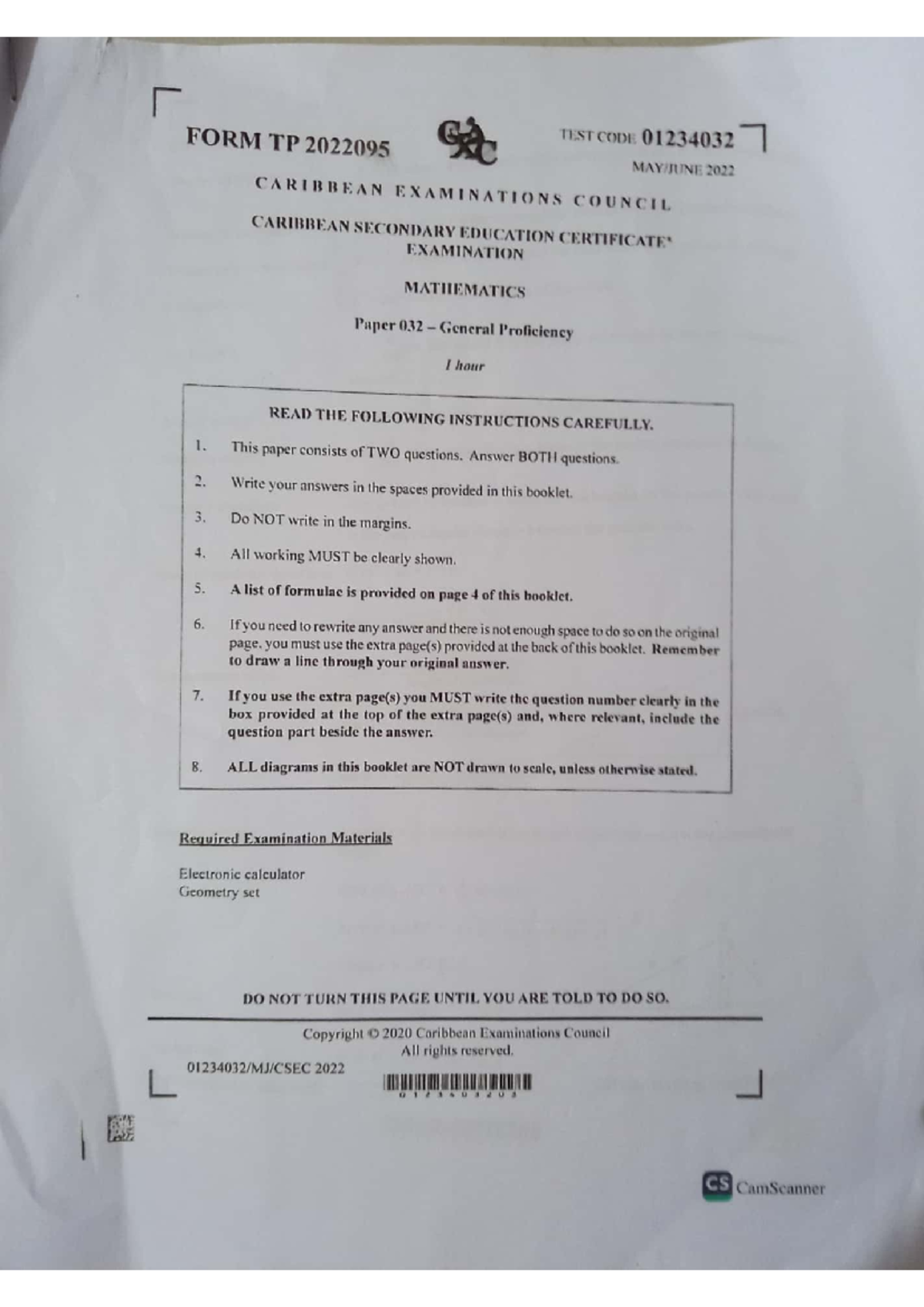 CSEC 2022 Mathematics Paper 3 Exam Instructions and Formulas - Studocu