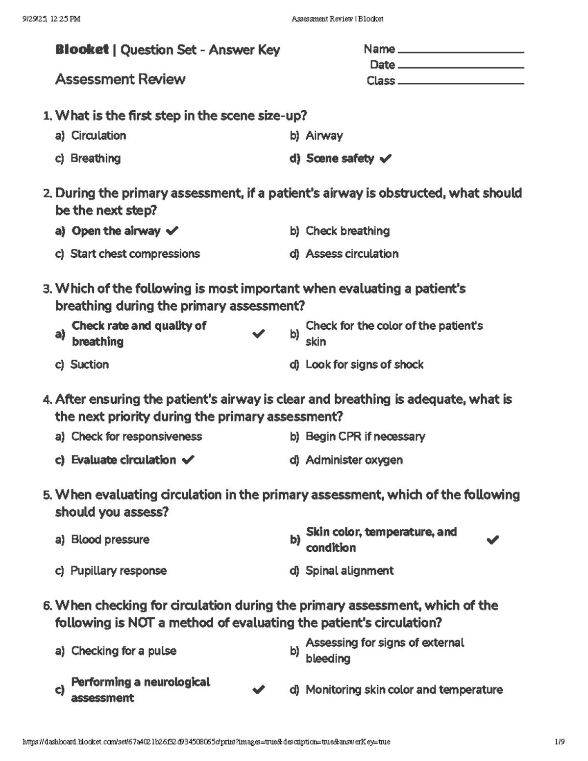 Primary Assessment Review for EMS Situations - Blooket Quiz - Studocu