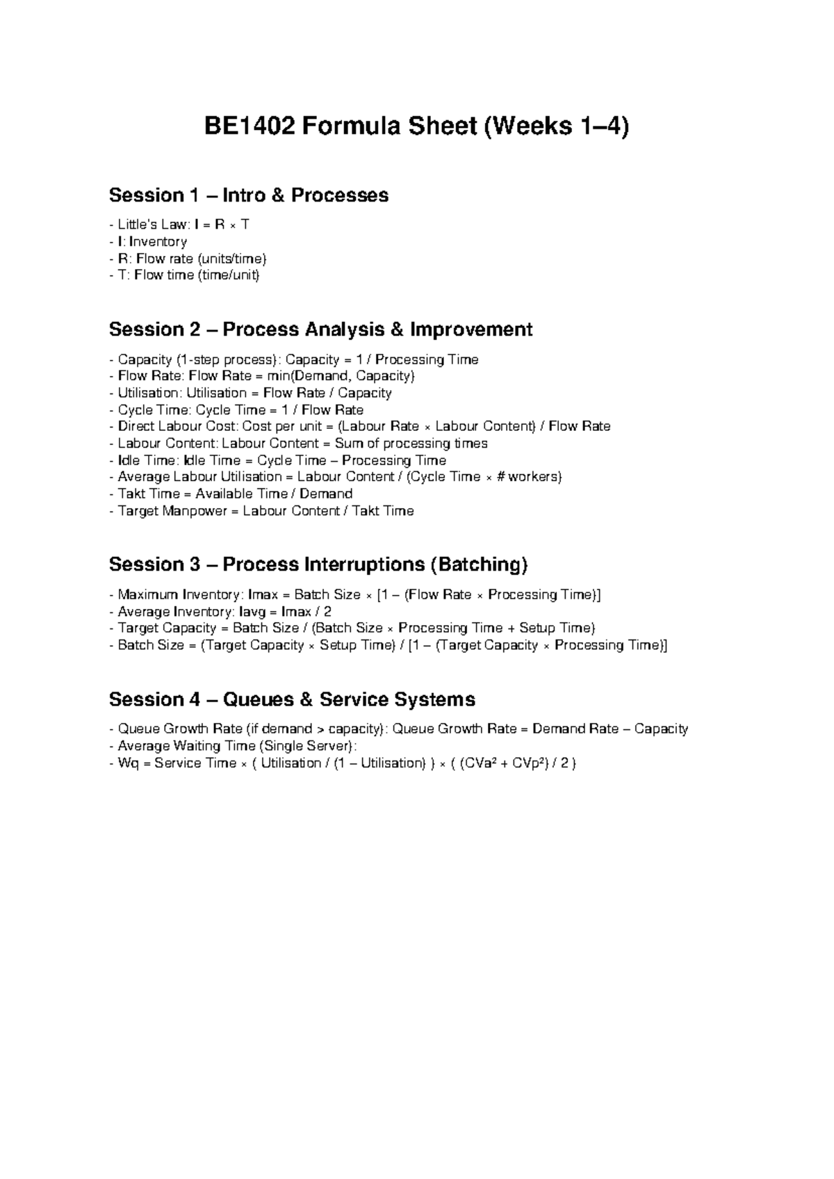 BE1402 Formula Sheet: Weeks 1-4 Process Analysis & Capacity - Studocu
