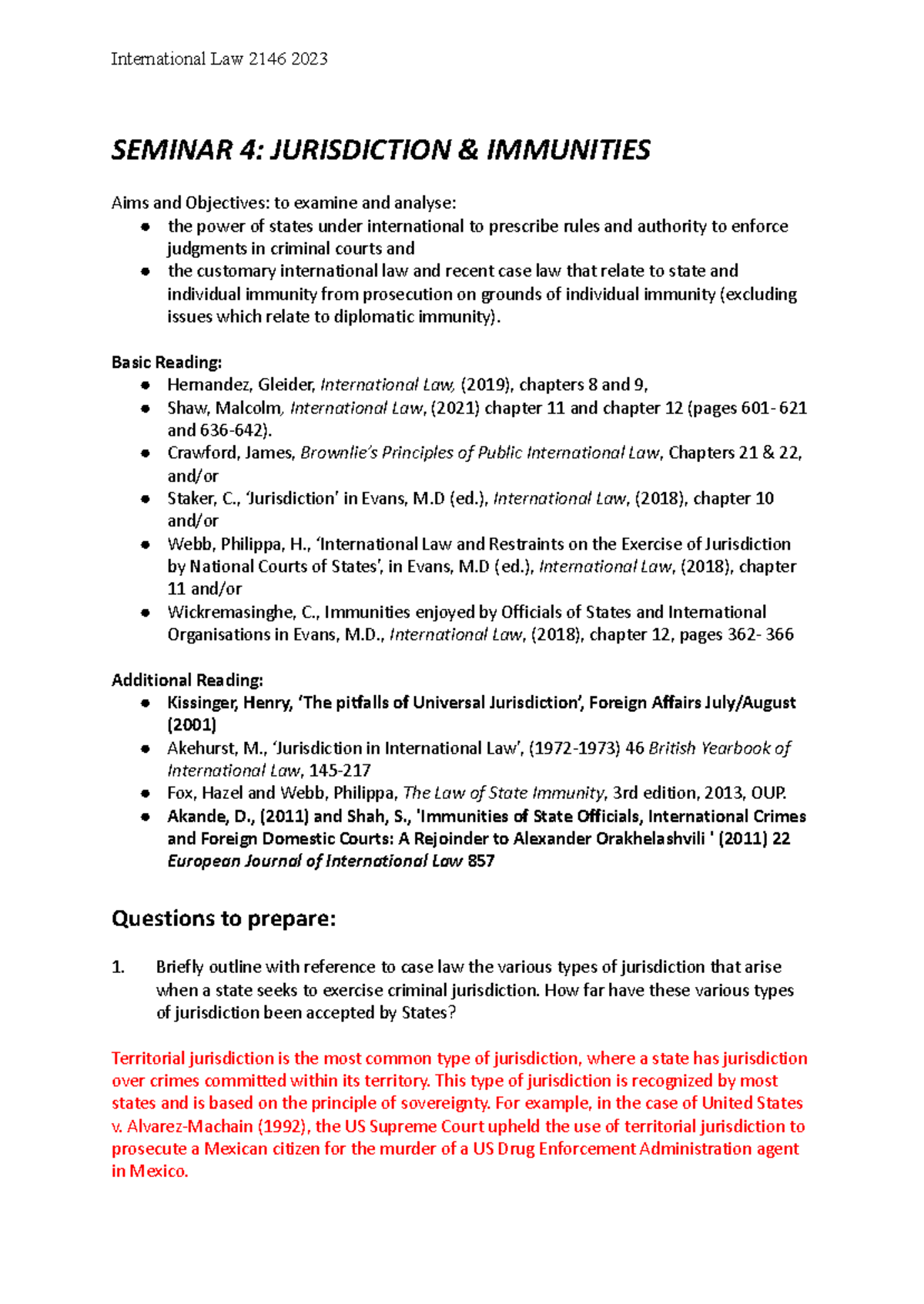 International Law 2146: Seminar 4 on Jurisdiction & Immunities - Studocu
