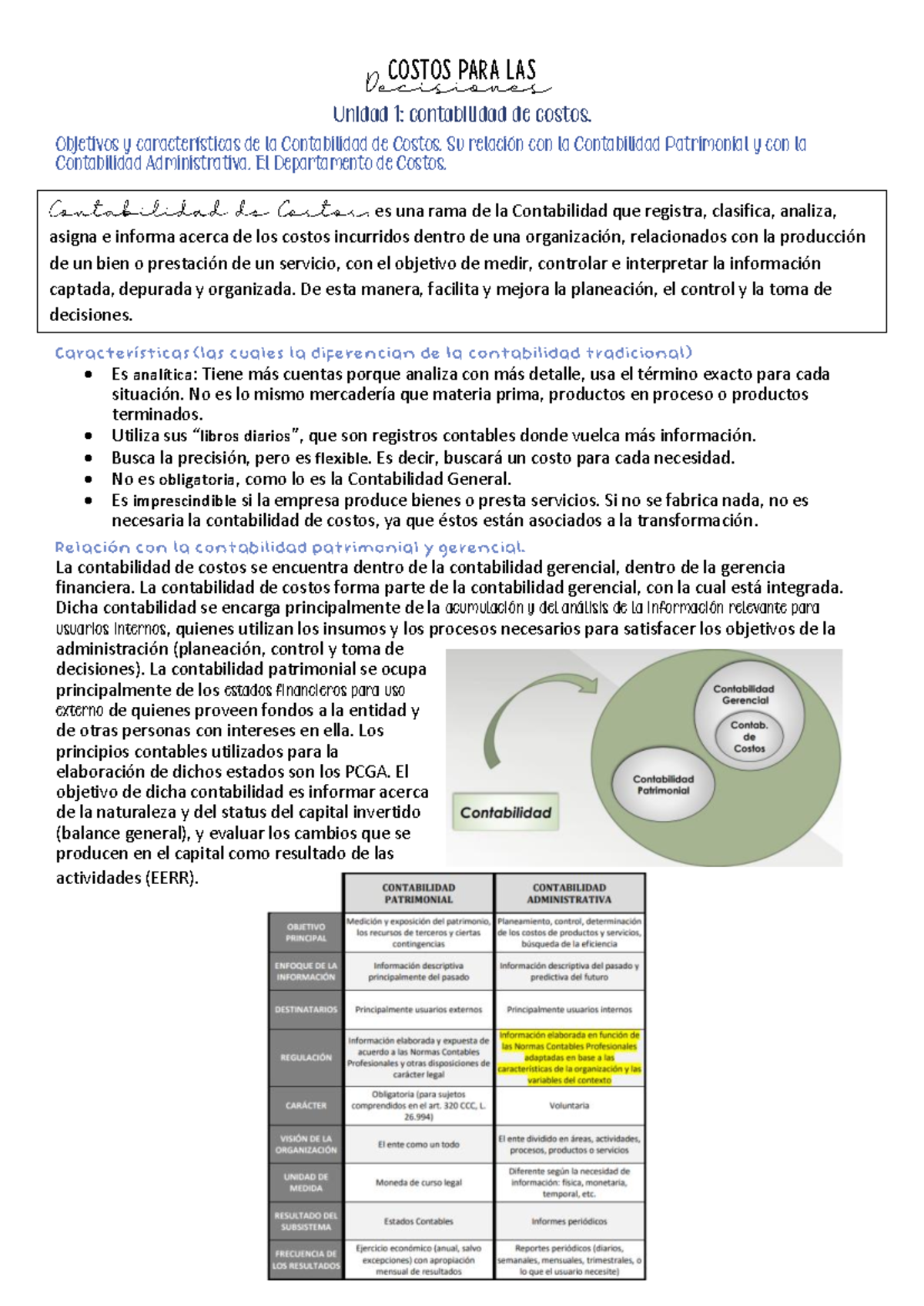 COSTOS PARA LAS Unidad 1: Contabilidad de Costos y su Relación con la ...