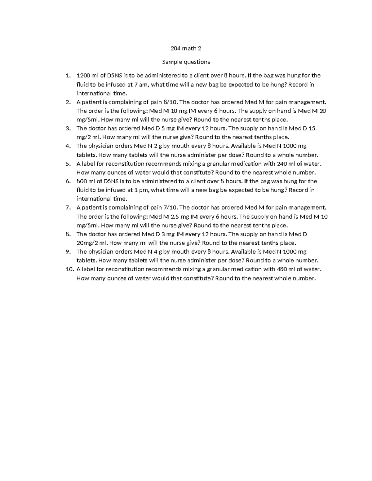 204 Math 2 - Sample Questions for Medication Administration - Studocu