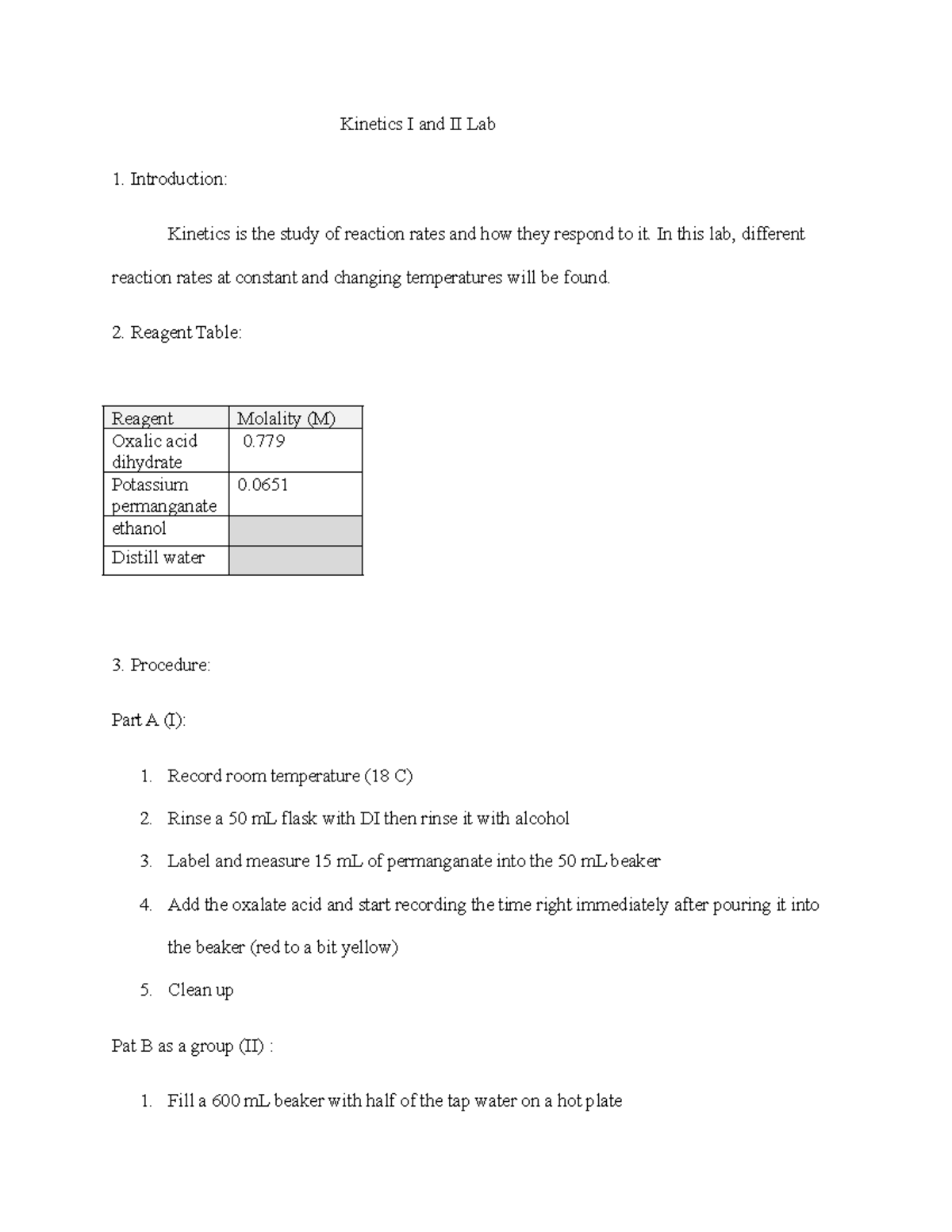 Kinetics I and II Lab example - Kinetics I and II Lab 1. Introduction ...