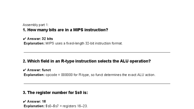 MIPS Assembly Quiz: Key Concepts and Instructions - Studocu