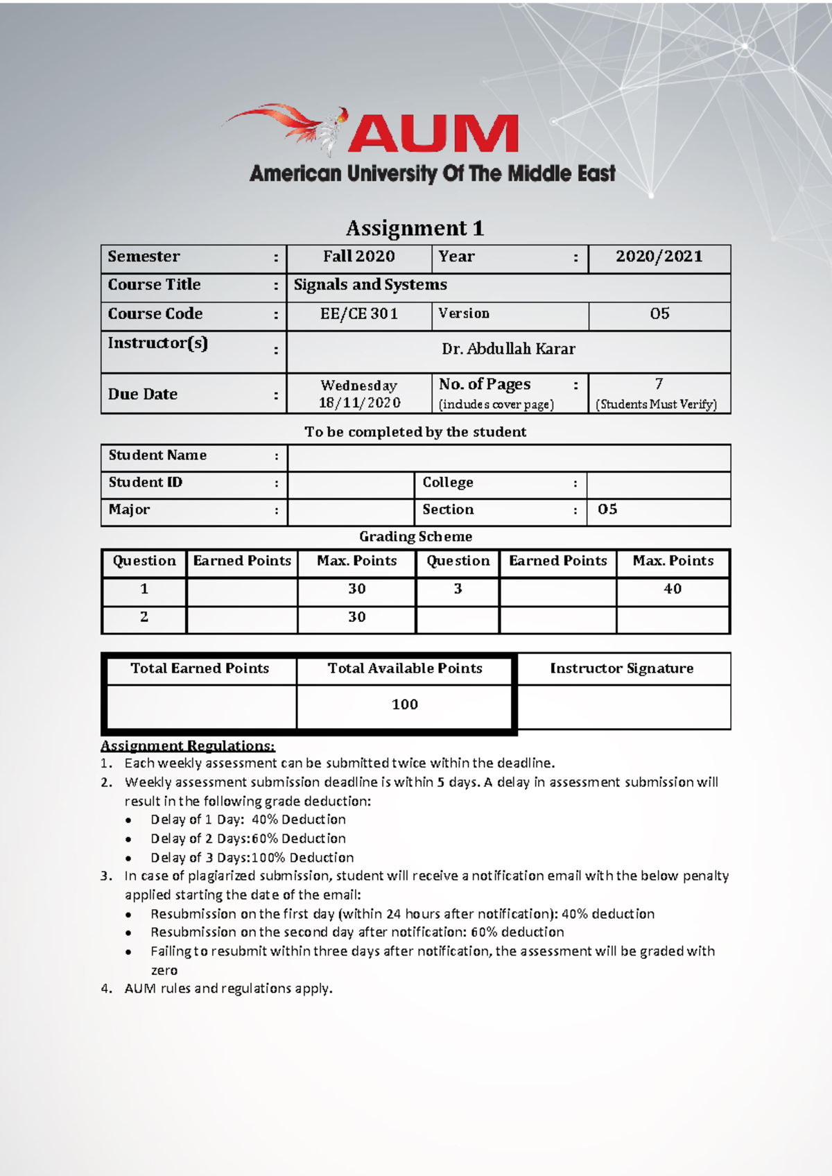 EECE301 Fa20 Assessment-1-O5 - Assignment 1 Semester : Fall 2020 Year ...