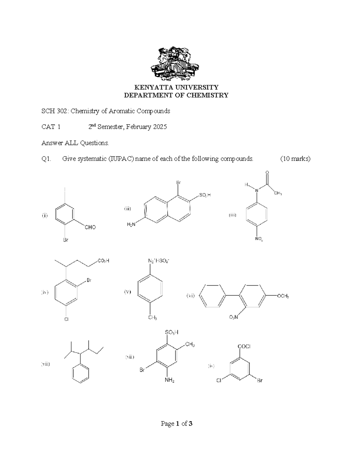 SCH 302 CAT 1 Chemistry of Aromatic Compounds - Feb 2025 - Studocu