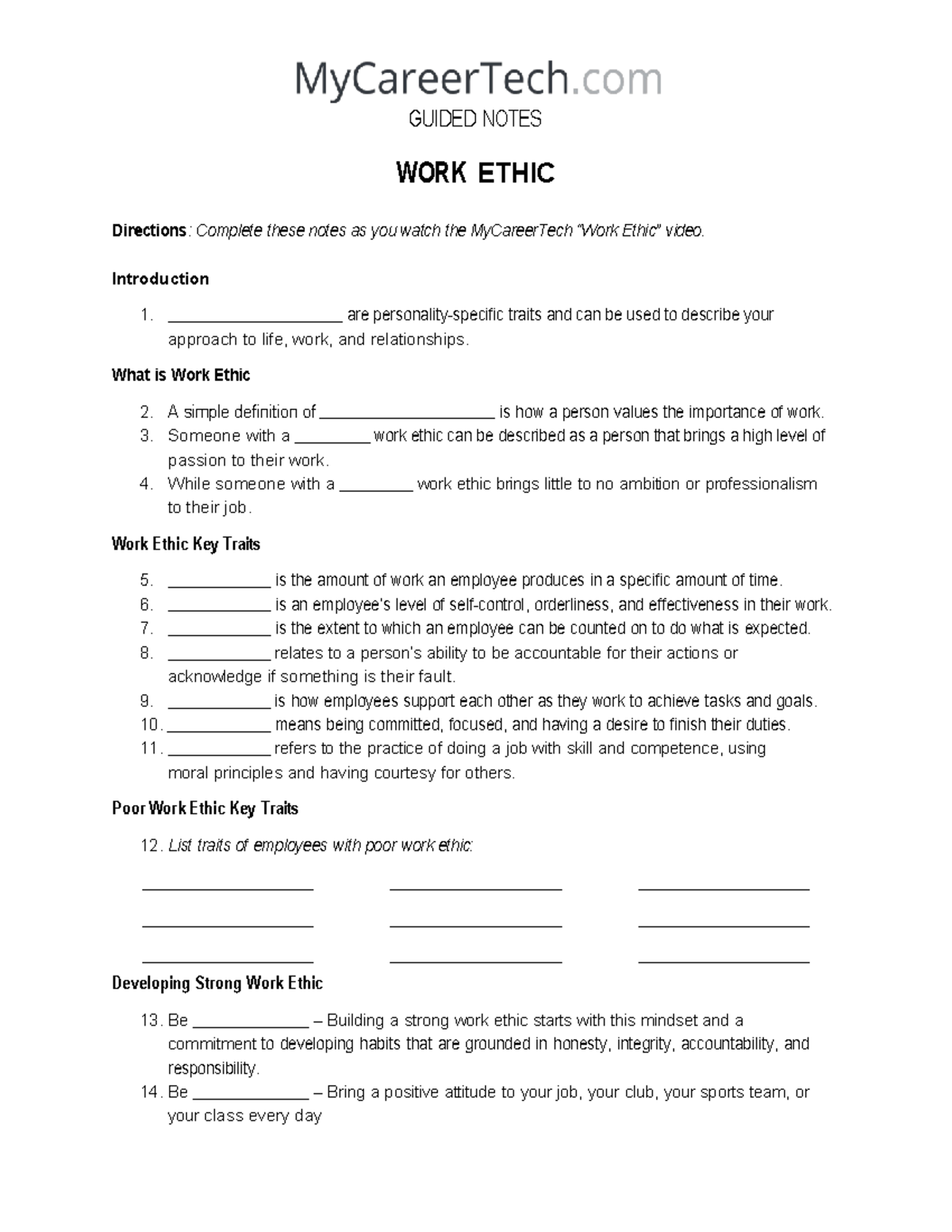 Work Ethic Guided Notes for MyCareerTech Video - Studocu