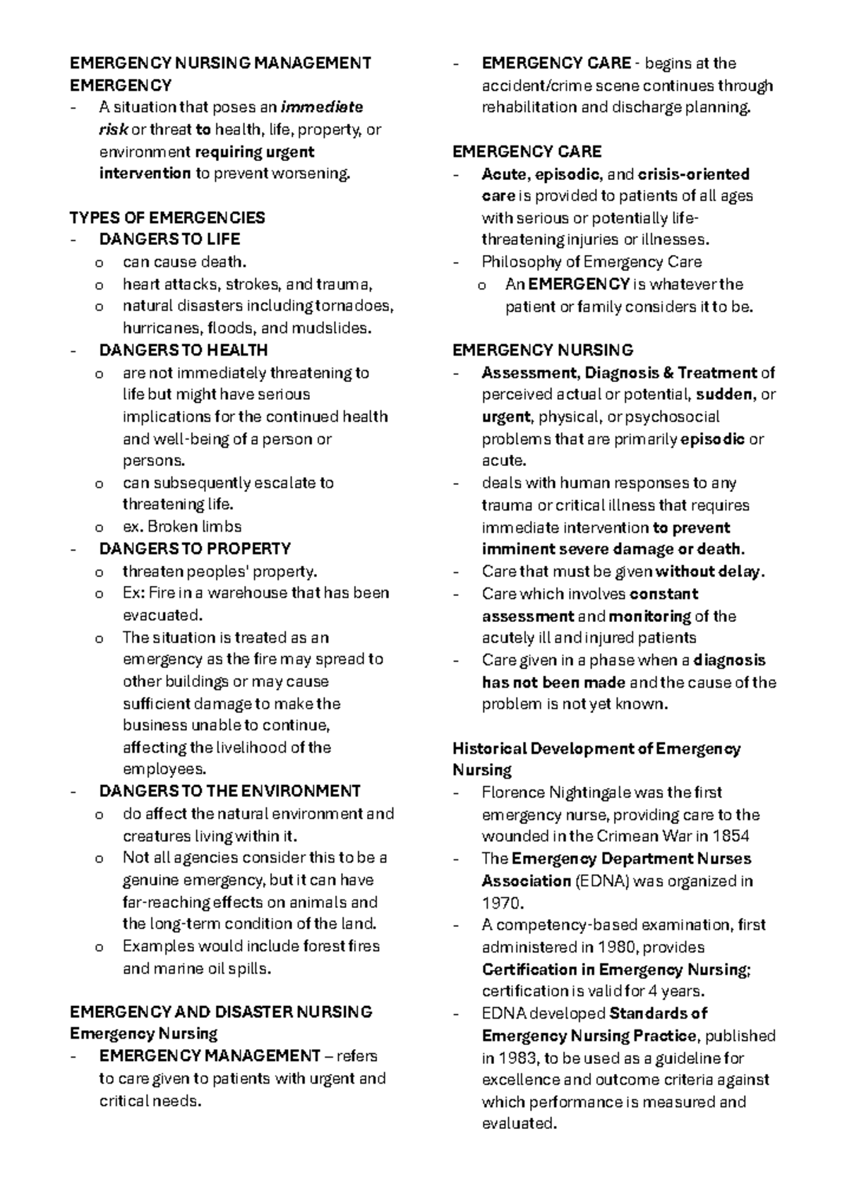 ER Nursing Prelims Reviewer: Key Concepts in Emergency Management - Studocu
