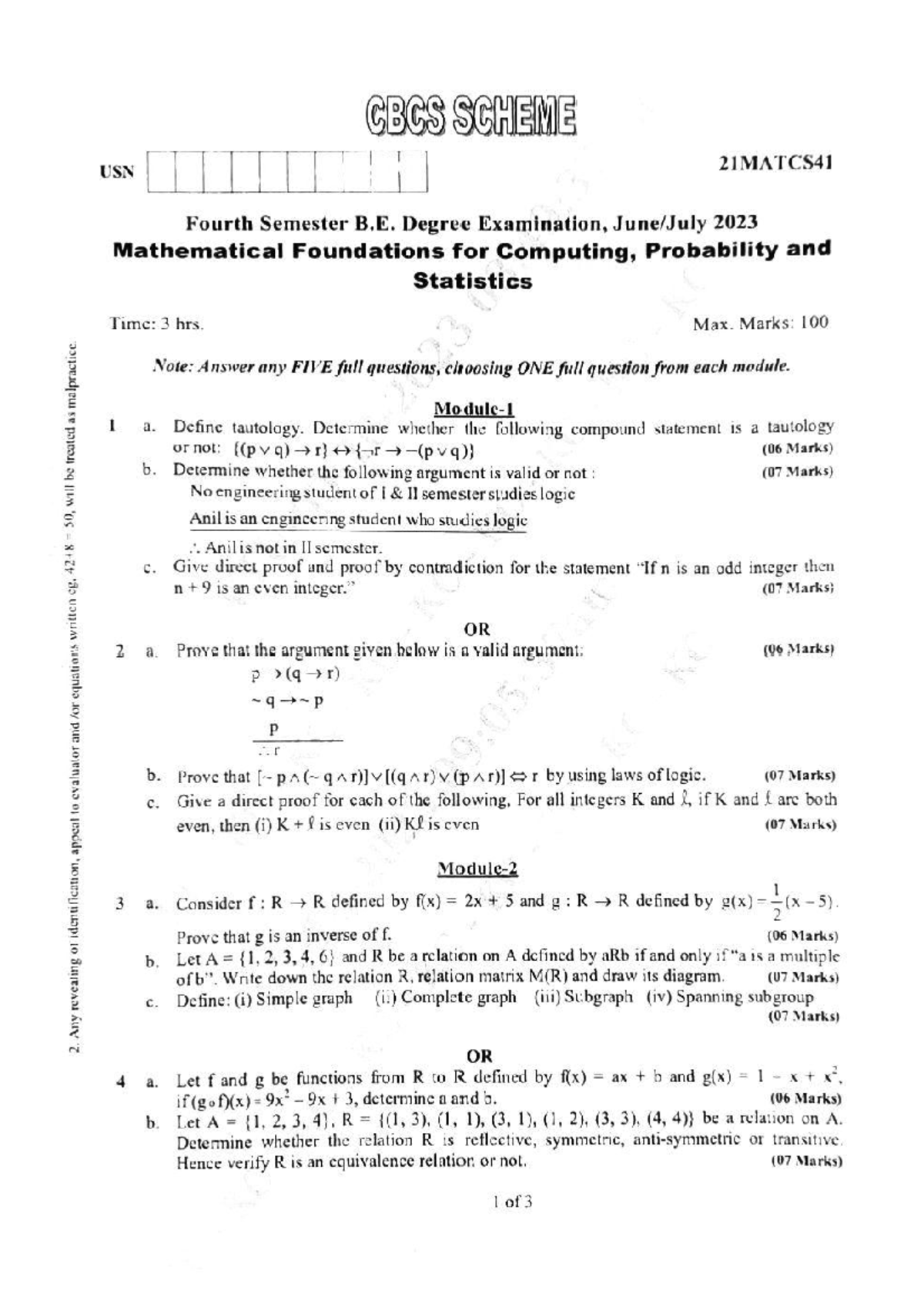 Mathematical Foundations for Computing - 21MATCS41 Exam Paper 2023 ...