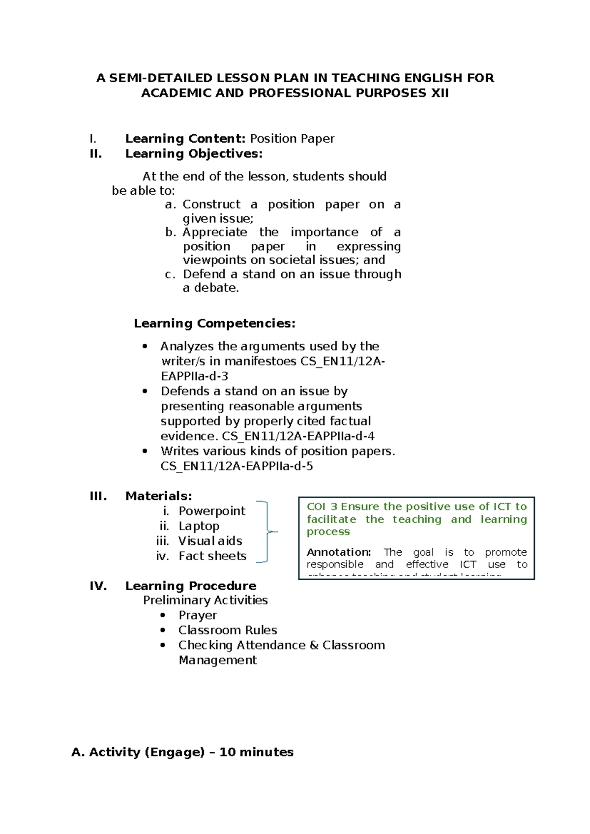 Lp-position-paper - BACHELOR OF EDUCATION - A SEMI-DETAILED LESSON PLAN ...