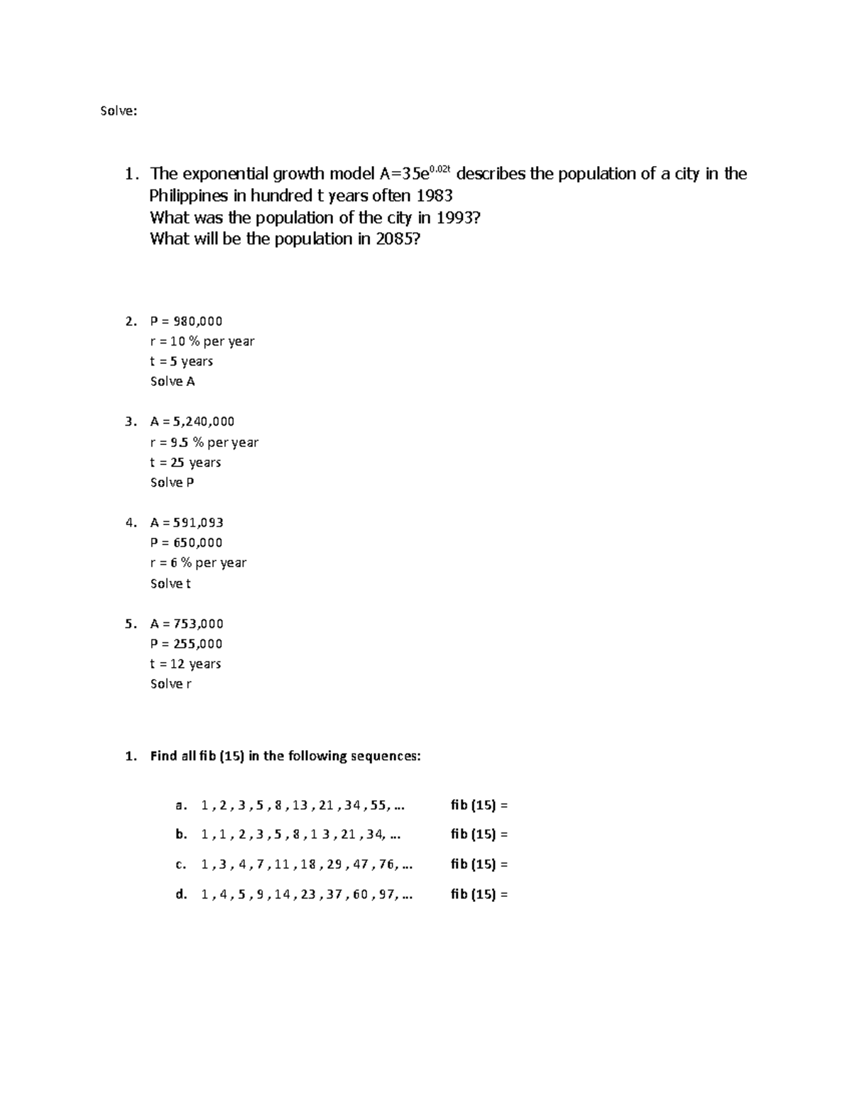 (MMW)population fibo - FIBONACHI SEQUENCE - Solve: 1. The exponential ...