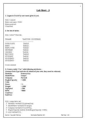 DBMS Practical Lab sheet - Lab Sheet 2 Work Logon to Oracle by user ...