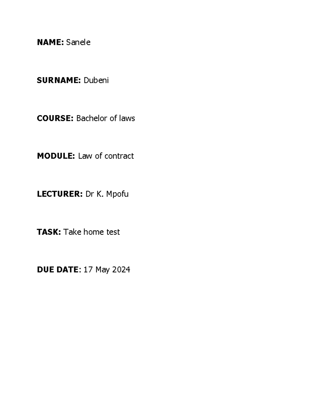 Take Home Test: Law of Contract (Bachelor of Laws) - Studocu