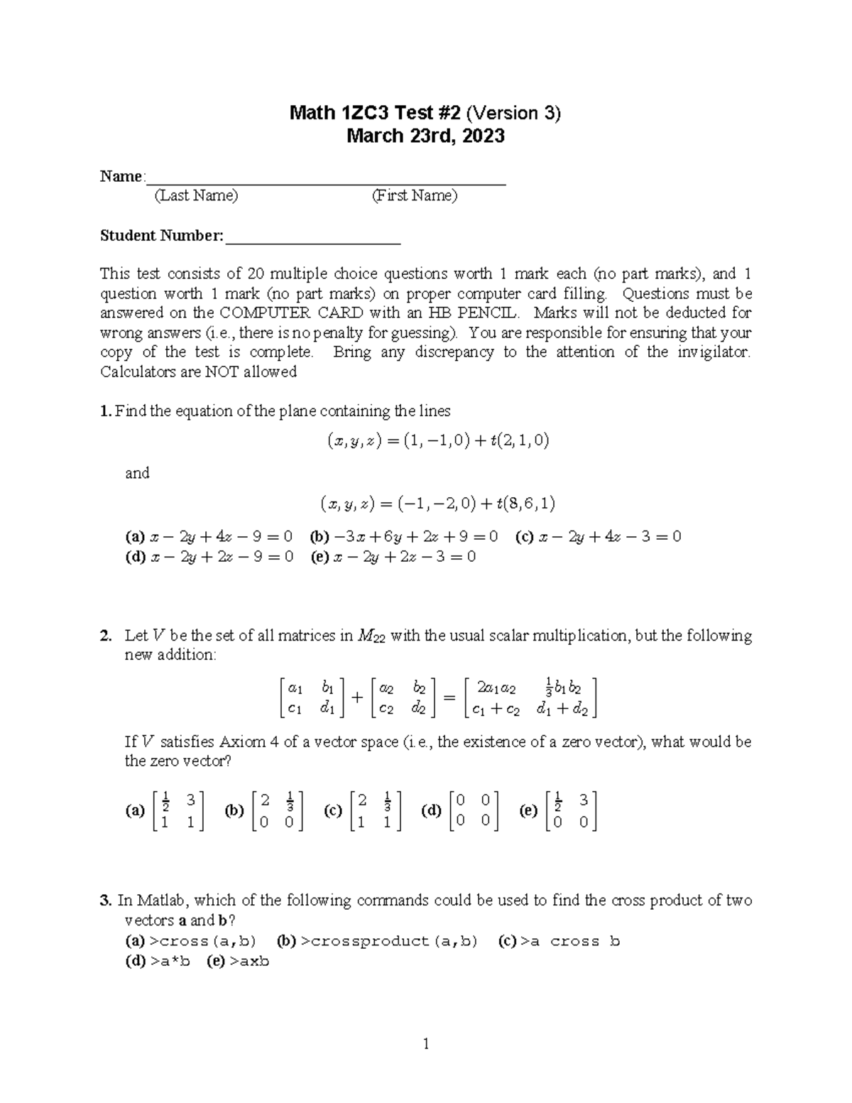 Math 1ZC3 Linear Algebra Test 2 - March 23rd, 2023 (Version 3) - Studocu