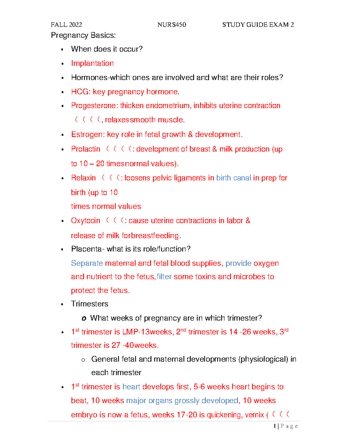 Pregnancy Essentials Study Guide for Exam 2 - Fall 2022 - Studocu
