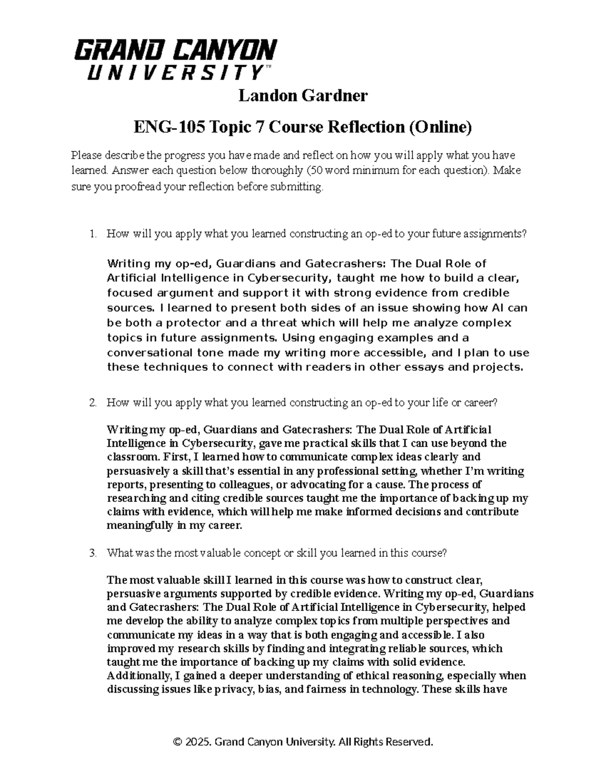 ENG 105ONL Topic 7 Course Reflection and Personal Progress - Studocu