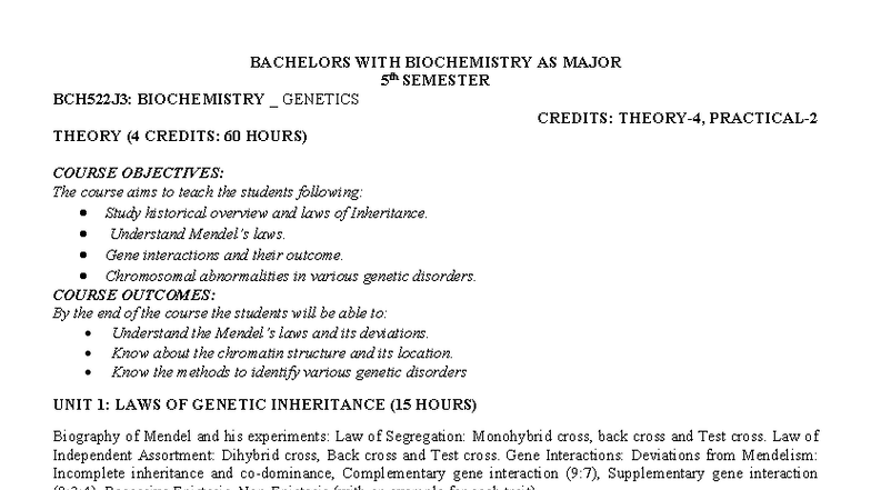 Genetics Syllabus for 5th Sem BCH522J3: Biochemistry & Genetics - Studocu