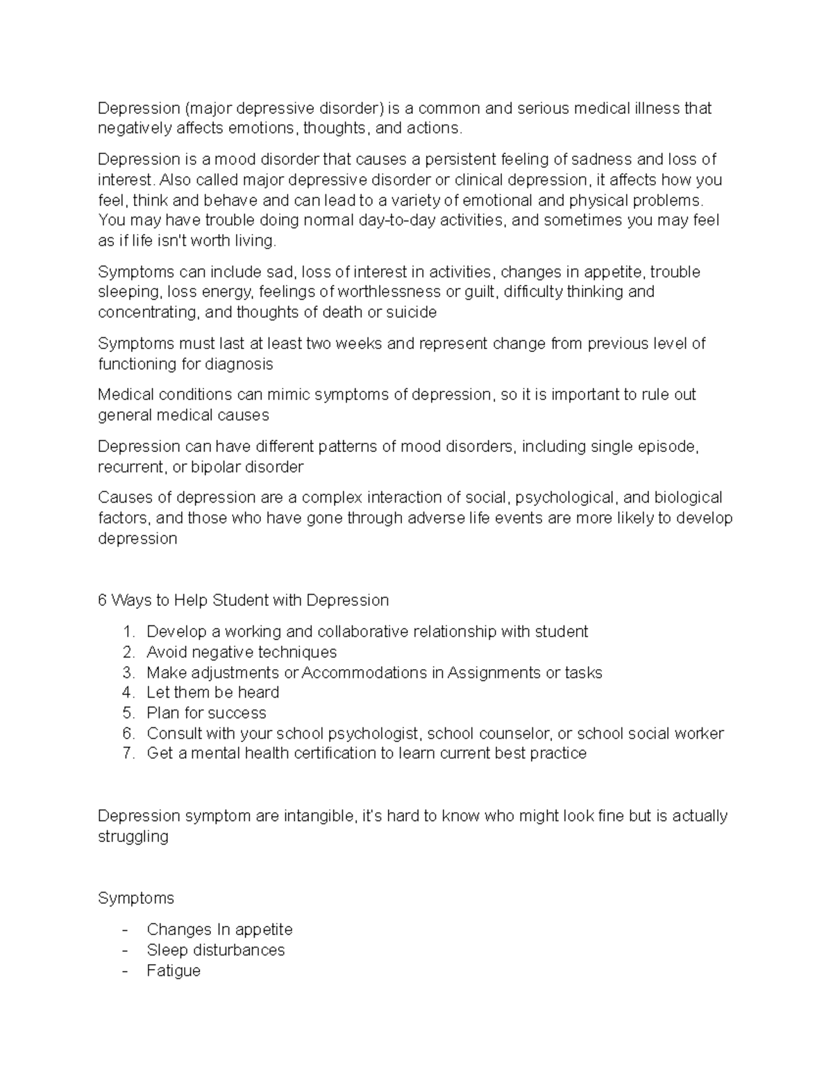 Depression (Major Depressive Disorder) - Comprehensive Review Notes ...