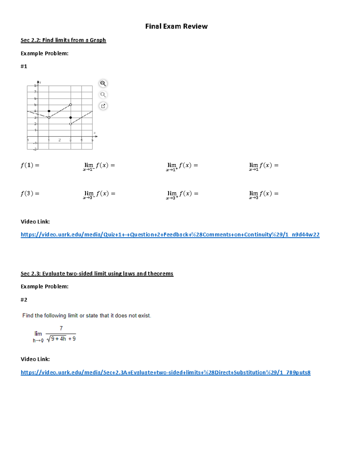 Final Exam Review: Limits and Derivatives Concepts - Studocu