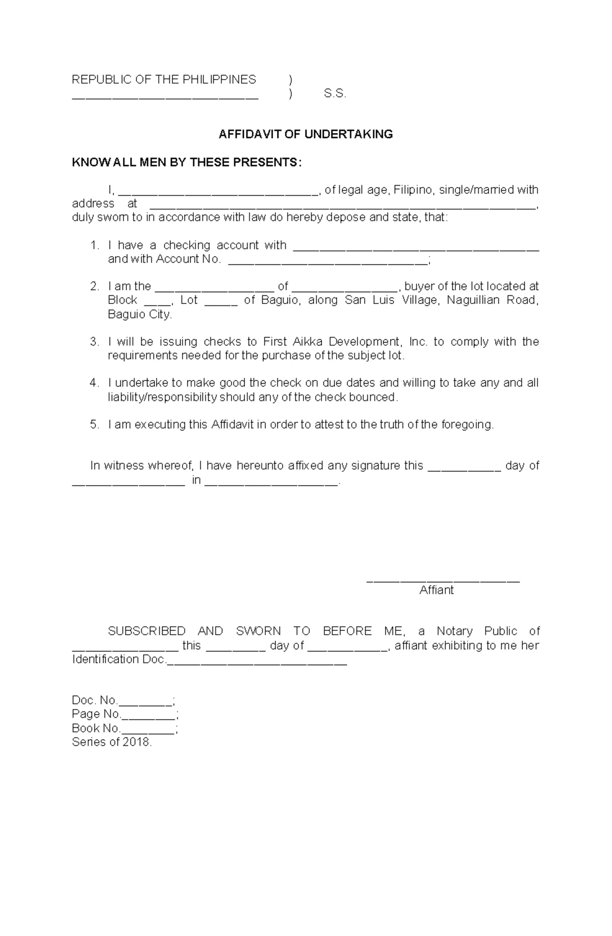 Affidavit of Undertaking - Buyer Check Authorization Document - Studocu