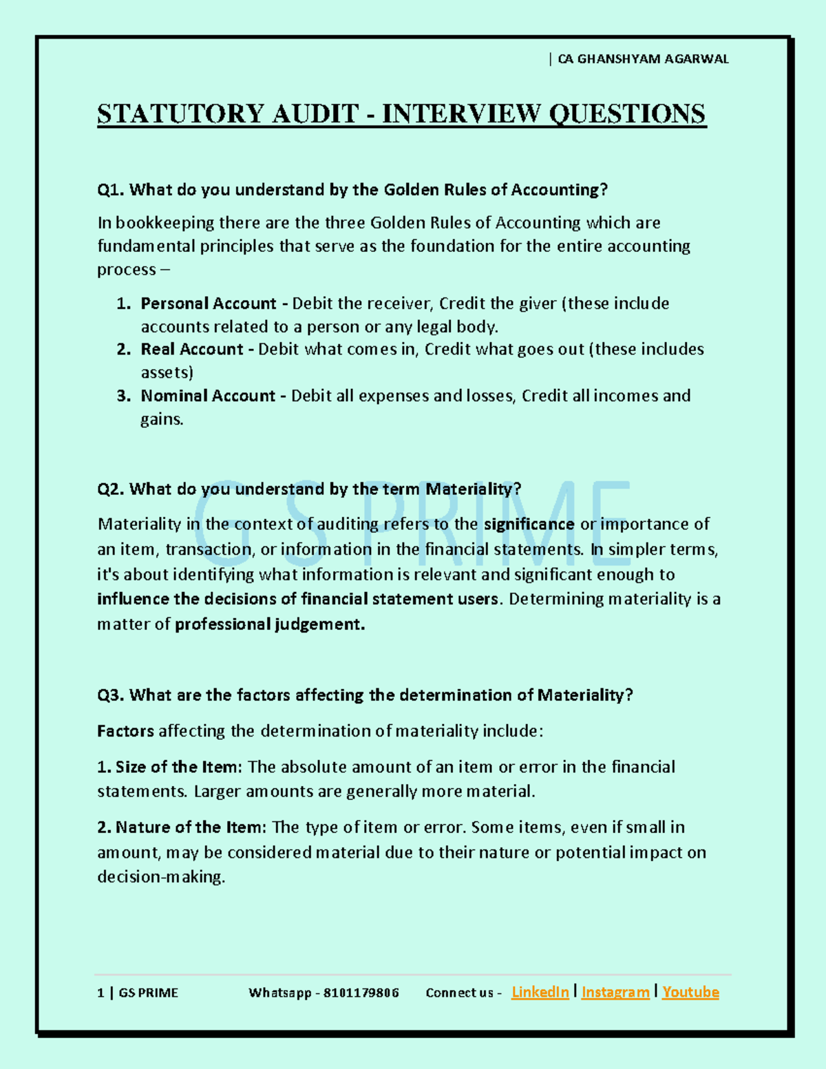 Audit Interview Q&A - nothing - STATUTORY AUDIT - INTERVIEW QUESTIONS ...