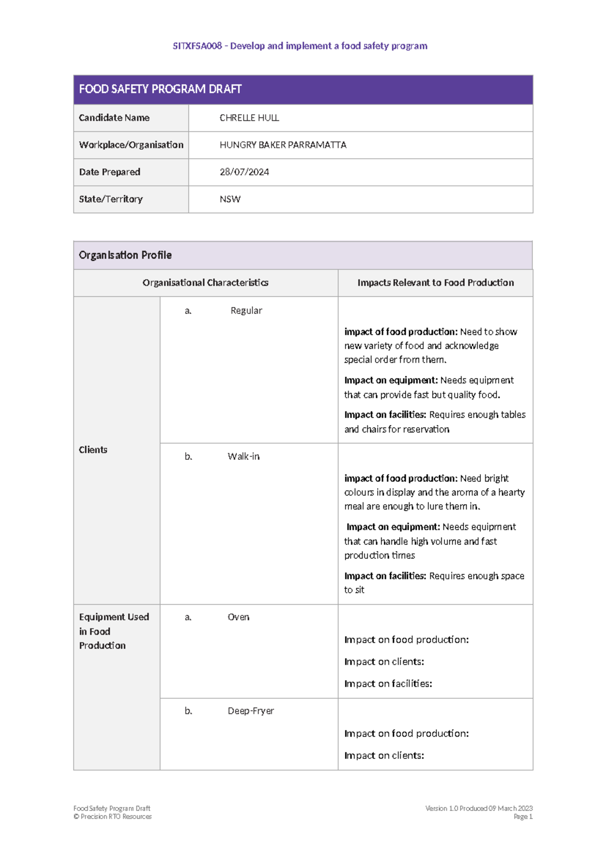 SITXFSA008 Food Safety Program Draft: Implementation & Guidelines - Studocu