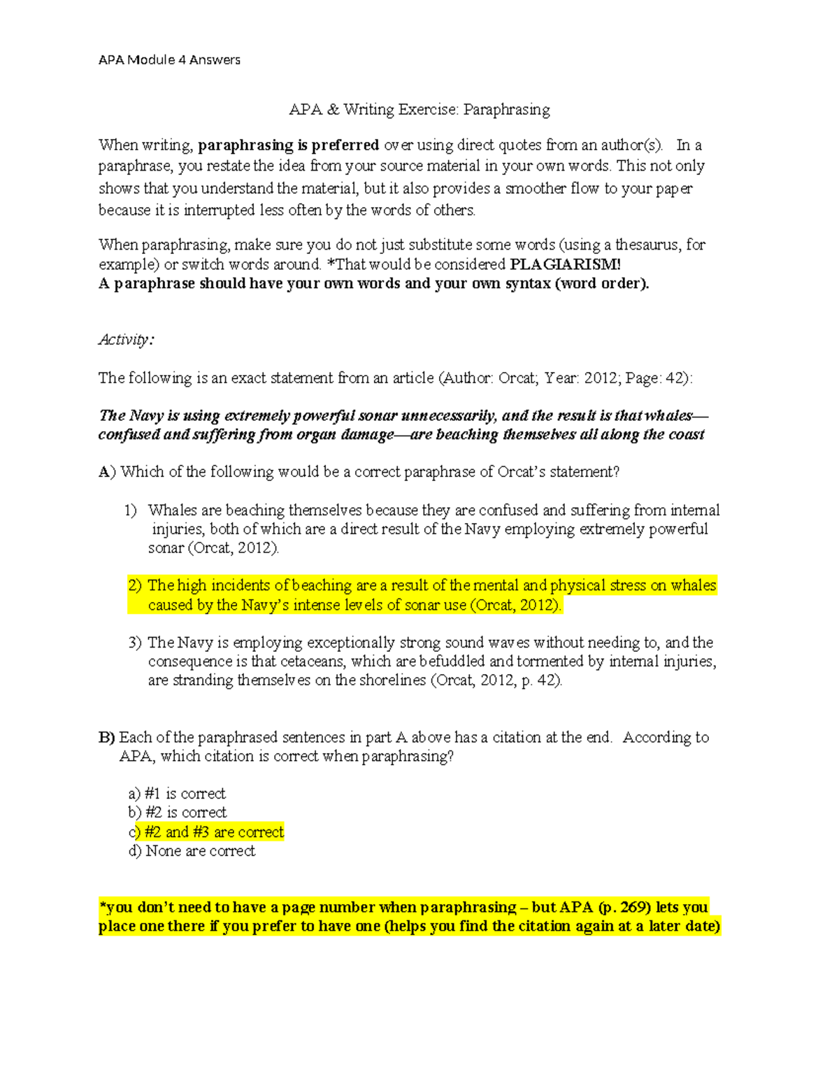APA Module 4: Paraphrasing Exercise Answers - Studocu