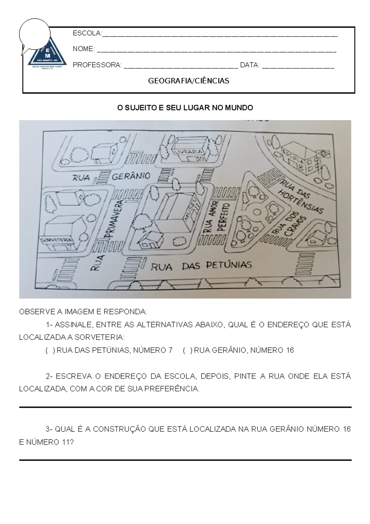 2 - Atividades escolares - O SUJEITO E SEU LUGAR NO MUNDO OBSERVE A ...
