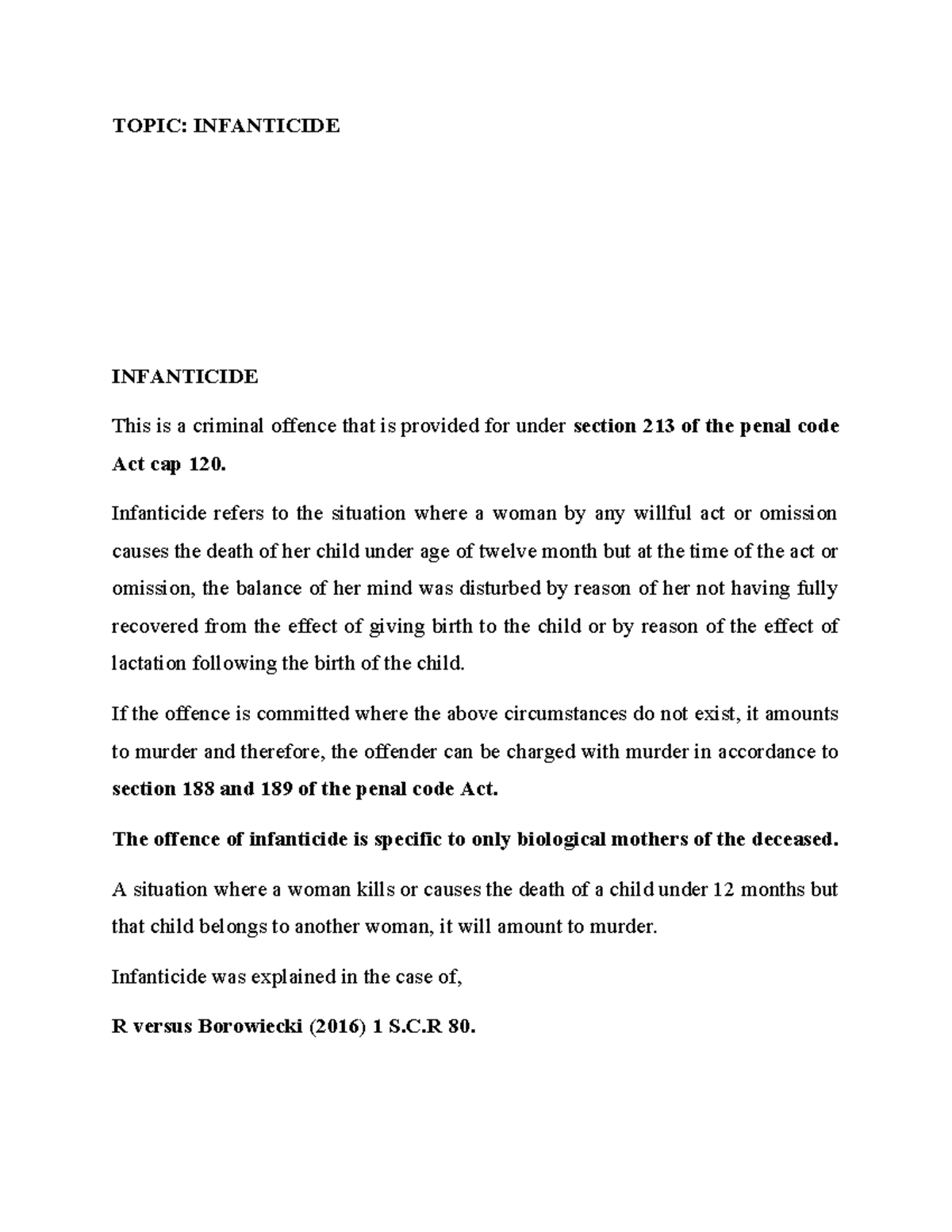 Infanticide & Criminal Law 2: Key Concepts & Case Analysis - Studocu