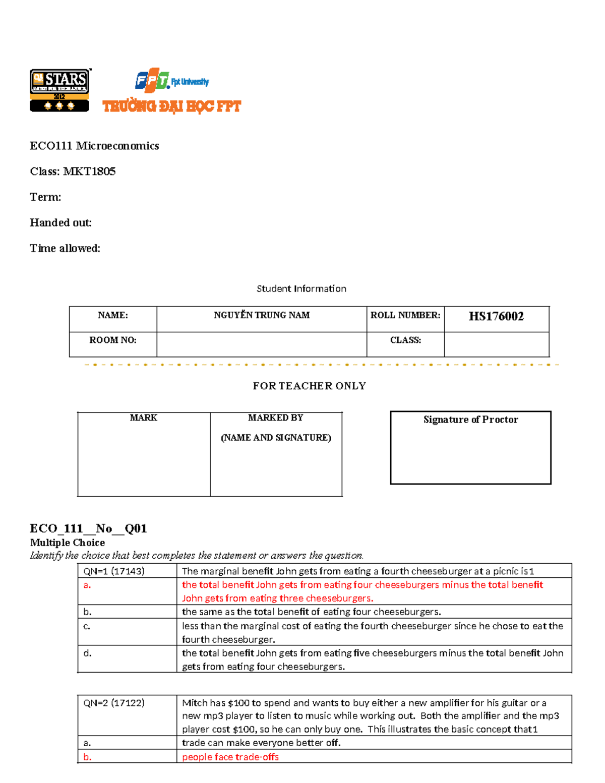 ECO111 Midterm Exam Questions and Answers for Nguyễn Trung Nam HS176002 ...