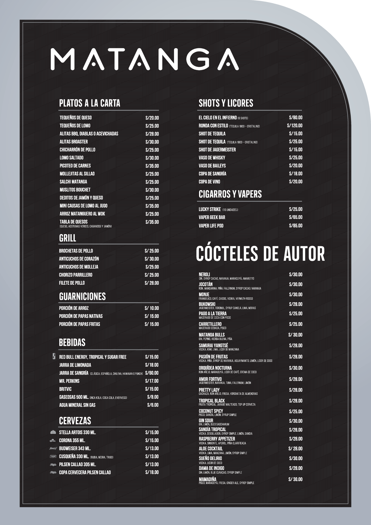 Matanga Platos a la Carta: Shots y Licores Variados - Document Preview
