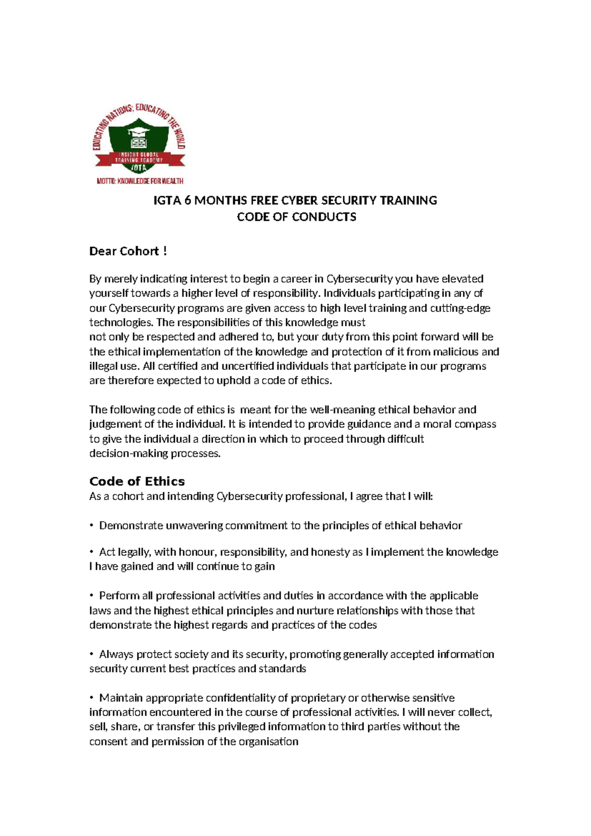 IGTA Cybersecurity Training Code of Conduct for Cohorts - Studocu