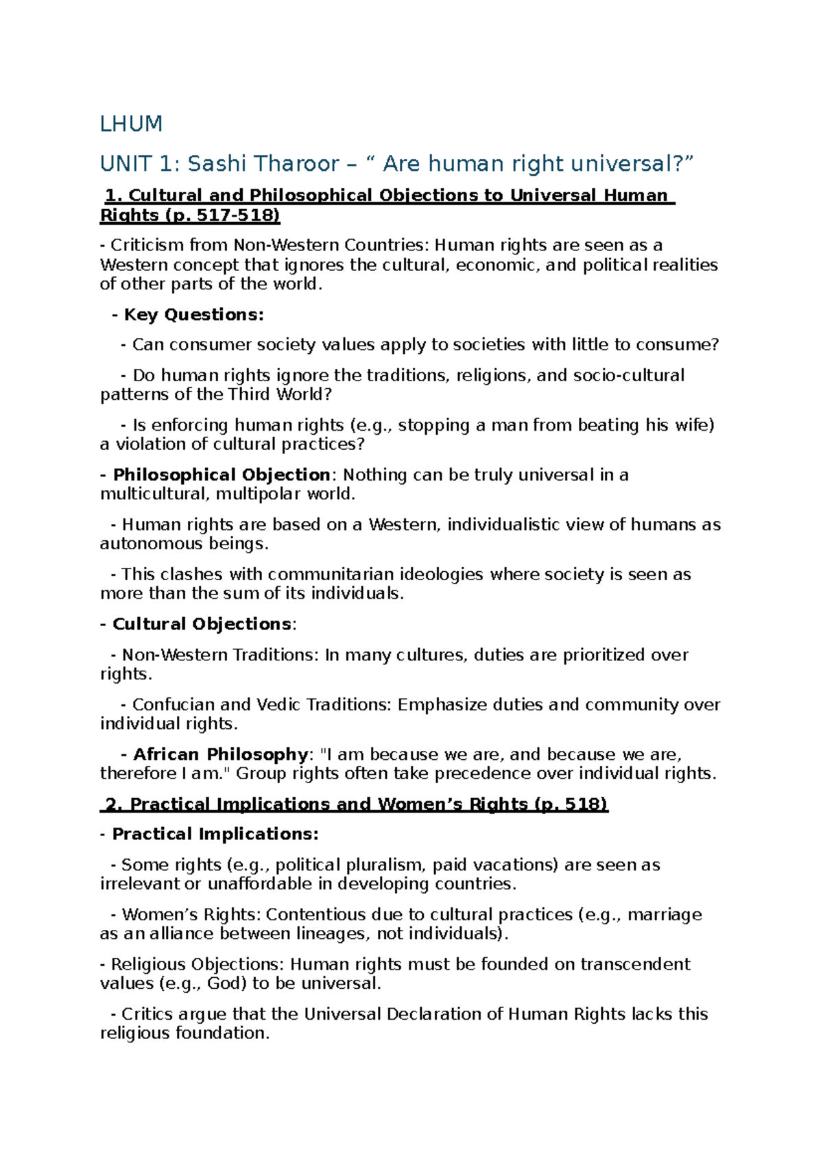 LHUM 2 - Just study notes - LHUM UNIT 1: Sashi Tharoor – “ Are human ...