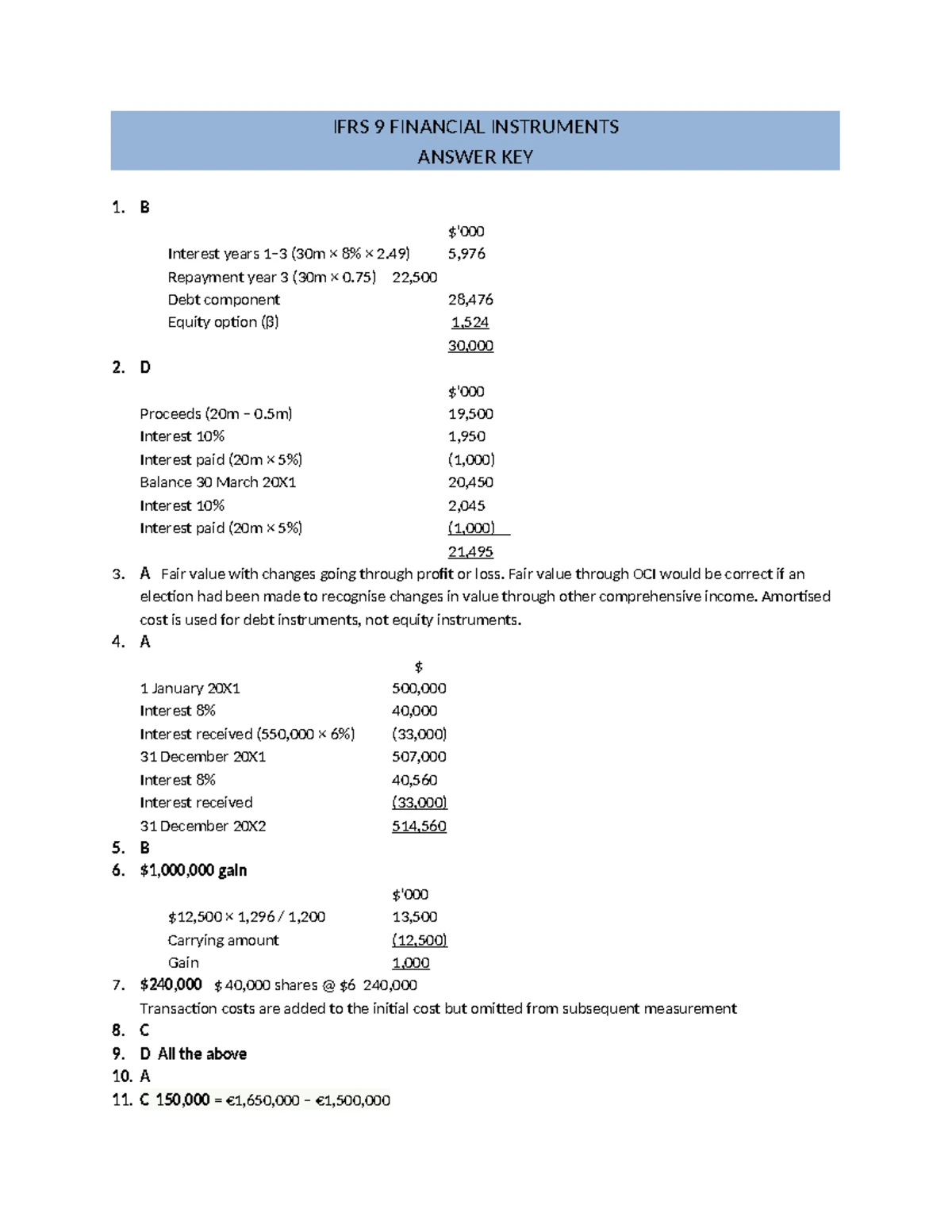 IFRS 9 Financial Instruments Practice Questions and Answers - Studocu