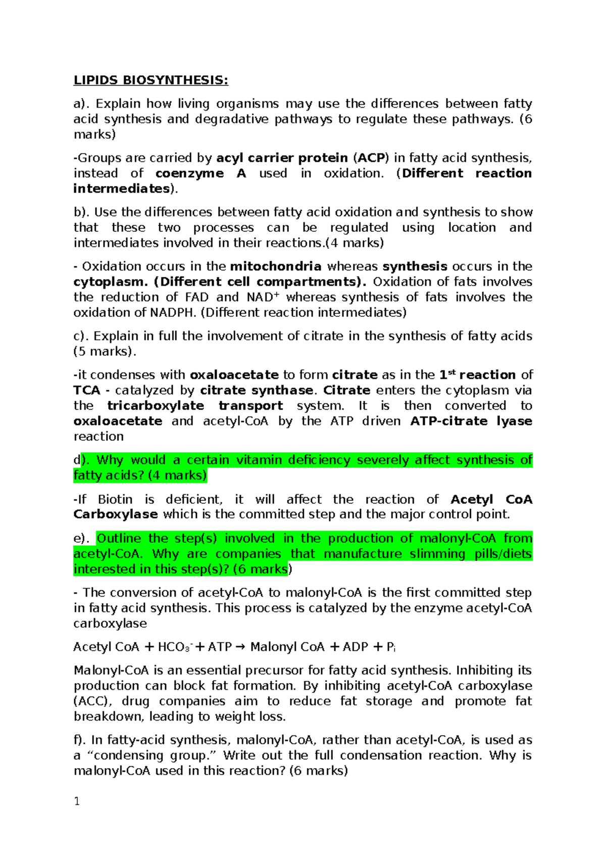 LIPIDS BIOSYNTHESIS: Key Questions and Answers for Exam Preparation ...