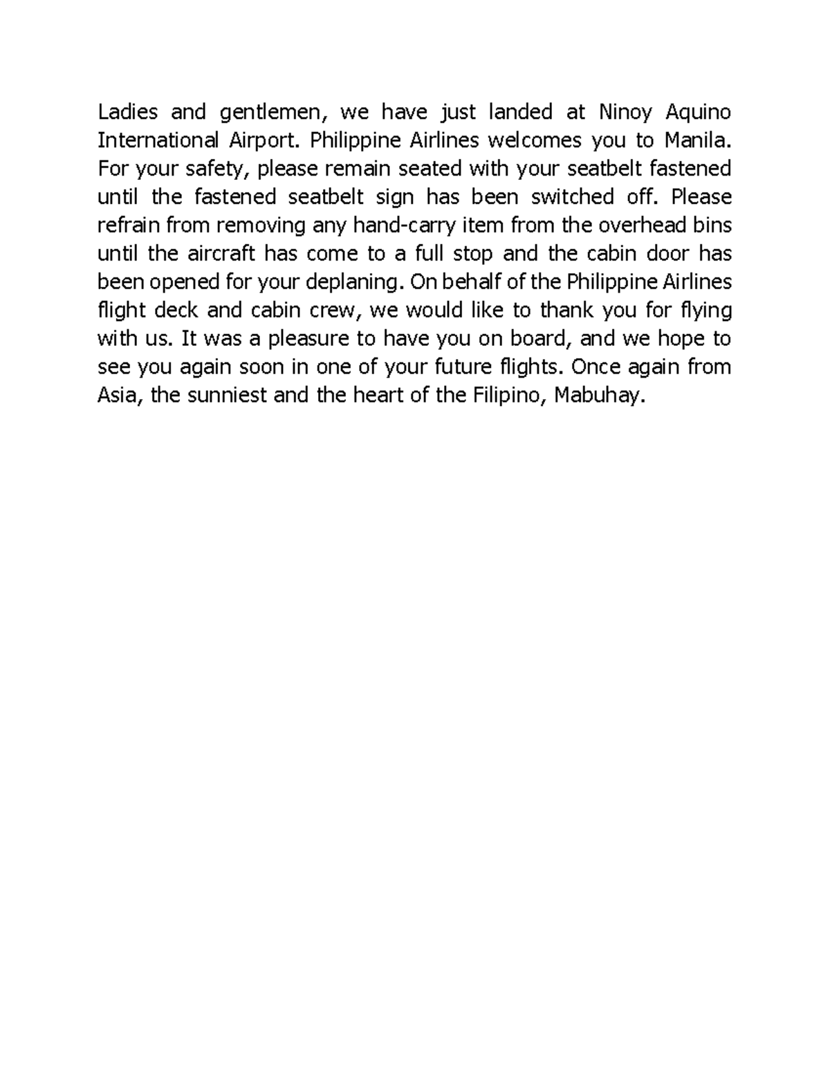 Philippine Airlines Flight Arrival Script at NAIA - Studocu