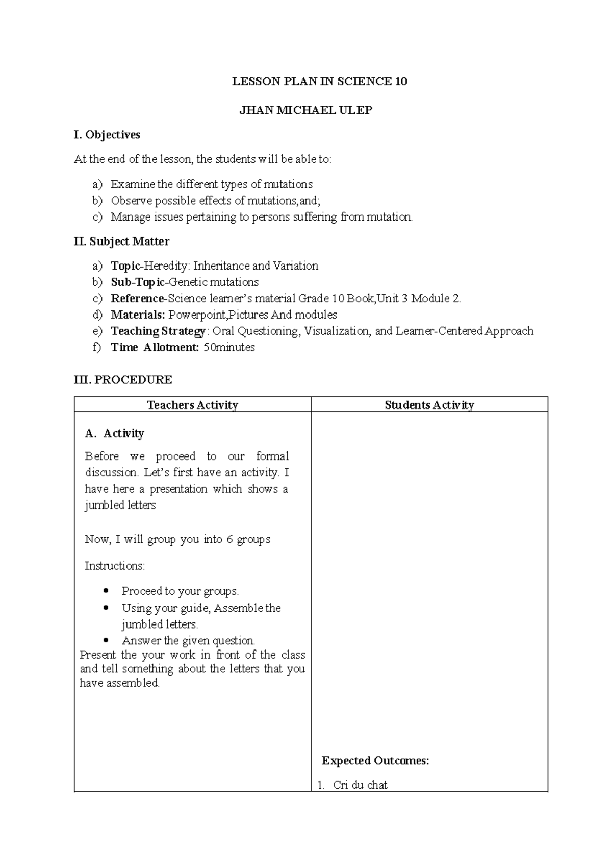Detailed Lesson Plan in Science 10: Plant Habitats and Mutations - Studocu