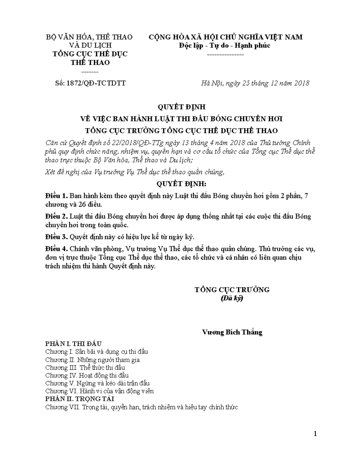 Luật Thi Đấu Bóng Chuyền Hơi 2018 (Quyết Định 1872/QĐ-TCTDTT) - Document Preview