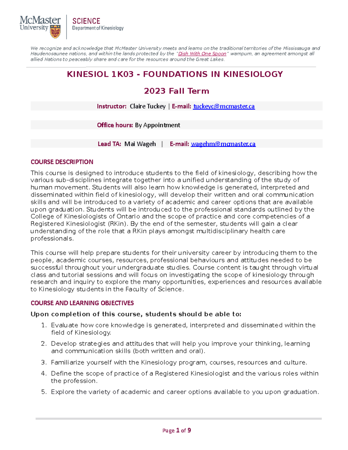 KINESIOL 1K03 Foundations of Kinesiology - Fall 2023 Course Overview ...