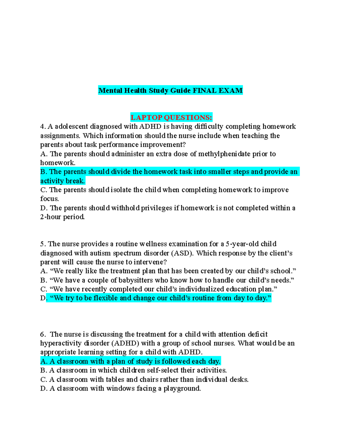 Mental Health NURS 101 Final Exam Study Guide - Studocu